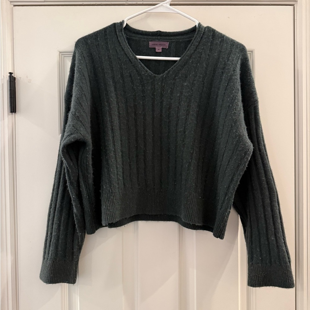 Spring + Mercer 100% Cashmere Grey Charcoal Soft Knit V-Neck Pullover Sweater M